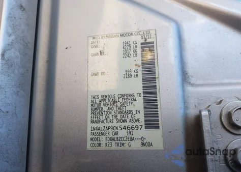 2012 Nissan Altima 2.5 S from USA, damaged, VIN 1N4AL2AP9CN546697